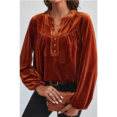 Gold Flame Lantern Sleeve Beaded Split V Neck Velvet Top