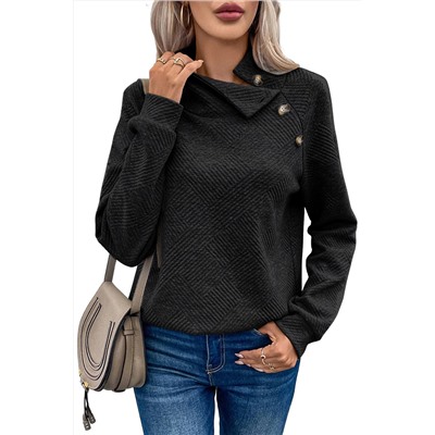 Black Asymmetric Buttons Detail High Neck Textured Sweatshirt