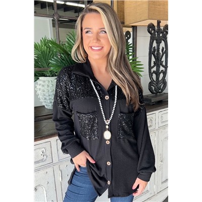 Black Sequin Patch Chest Pocket Corded Shacket