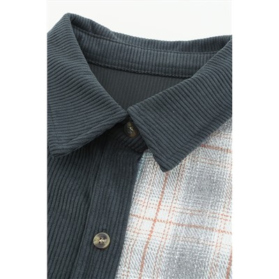 Gray Plaid Color Block Button-up Oversize Corduroy Shirt