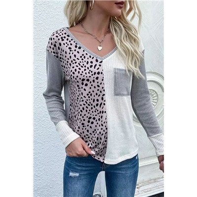 Leopard Patchwork Ribbed Color Block V Neck Top