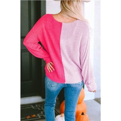 Pink Long Sleeve V-Neck Colorblock Sweater