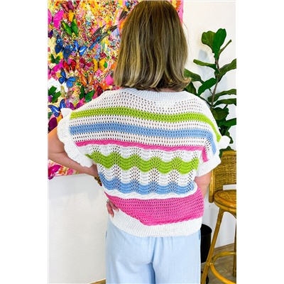 White Colorblock Crochet Knit Ruffled Short Sleeve Sweater Top