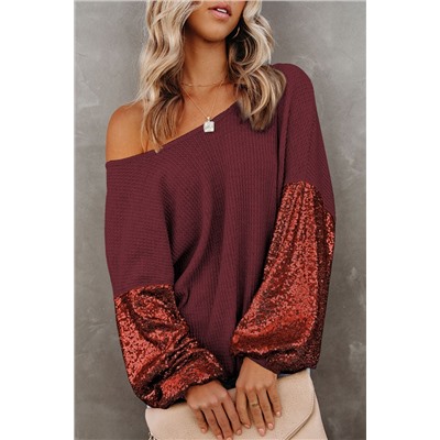 Biking Red Sequin Patchwork Sleeve Open Back Waffle Knit Top