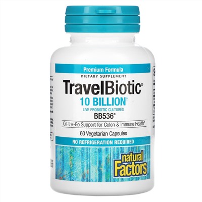 Natural Factors, Travel Biotic, BB536, 10 млрд жизнеспособных клеток, 60 растительных капсул