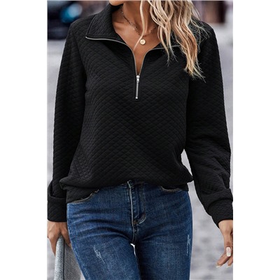 Black Solid Half Zipper Quilted Pullover Sweatshirt