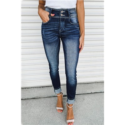 Blue Vintage Washed Two-button High Waist Skinny Jeans