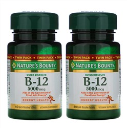 Nature's Bounty, B-12, Twin Pack, Naturally Cherry Flavor, 5,000 mcg, 40 Quick Dissolve Tablets Each