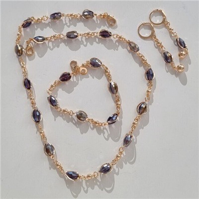Комплект: ожерелье, серьги и браслет, покрытие: дубайское золото, цвет камней: синий, 31290, арт.947.483