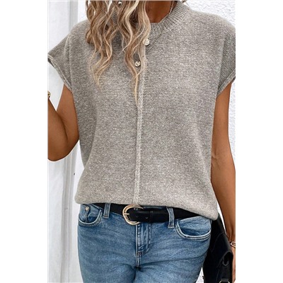 Gray Crew Neck Center Seamed Short Sleeve Sweater