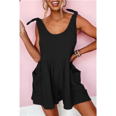 Black Textured Knotted Straps High Waist Wide Leg Romper