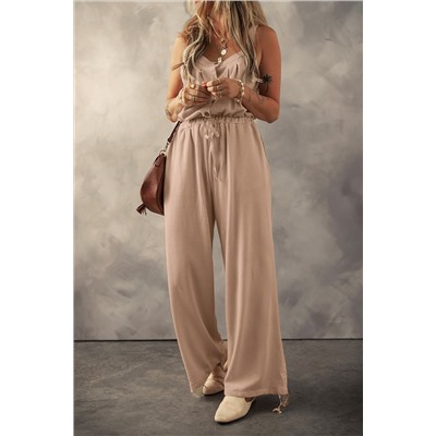 Pale Khaki Knotted Straps Button Textured Drawstring Jumpsuit