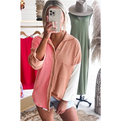 Pink Ribbed Colorblock Drop Shoulder Shirt with Pocket