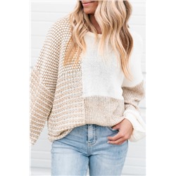 Oatmeal Mixed Pattern Knit Tie Keyhole Drop Shoulder Sweater