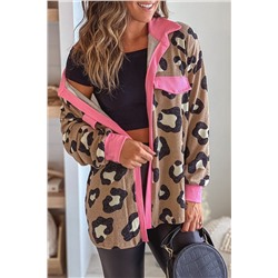 Leopard Ribbed Contrasting Trim Collared Jacket