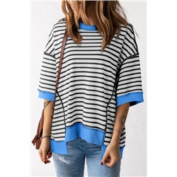 Black Stripe Oversized Contrast Trim Exposed Seam High Low T Shirt