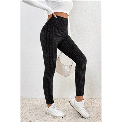 Black Wide Waistband Ribbed Textured Knit Leggings