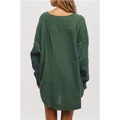 Green Textured Waffle Knit Patchwork Buttoned Neck Loose Blouse