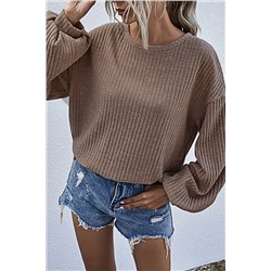 Khaki Drop Shoulder Bubble Sleeve Ribbed Knit Top