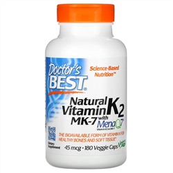 Doctor's Best, натуральный витамин K2 MK-7 с MenaQ7, 45 мкг, 180 вегетарианских капсул