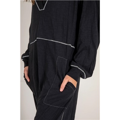 Black Flatlock Seam Detail V Neck Baggy Jumpsuit