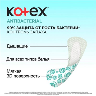 Ежедневные прокладки Kotex,антибактериал,экстра тонкие, 40 шт