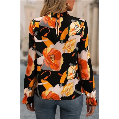 Black Floral Print Mock Neck Blouse