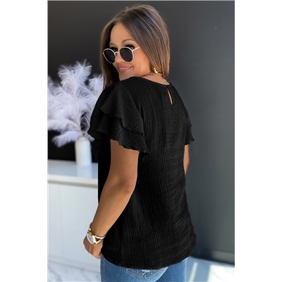 Black Textured Tiered Ruffled Short Sleeve Blouse