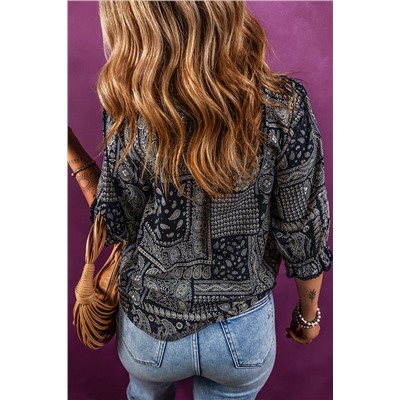 Navy Blue Vintage Boho Paisley Print 3/4 Sleeve Blouse