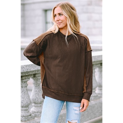 Brown Exposed Seam Patchwork Ribbed Knit Oversized Top