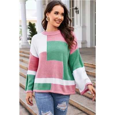 Pink Colorblock Drop Shoulder Bell Sleeve Sweater