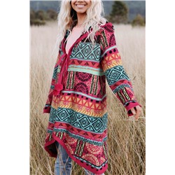 Rose Boho Aztec Knitted Pom Pom Tie Hooded Cardigan