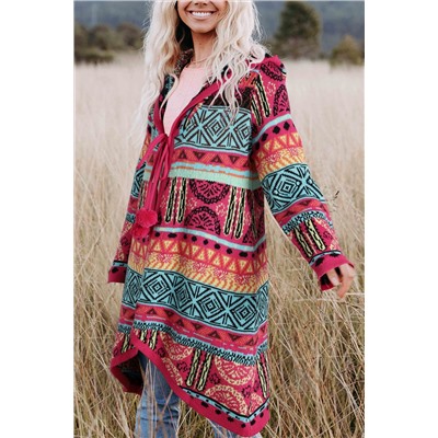 Rose Boho Aztec Knitted Pom Pom Tie Hooded Cardigan