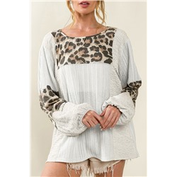 White Leopard Patch Puff Sleeve Textured Blouse