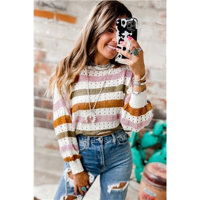 Multicolor Striped Hollowed Knitted Loose Sweater