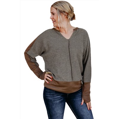 Brown Contrast Patchwork Thumbhole Sleeve Top