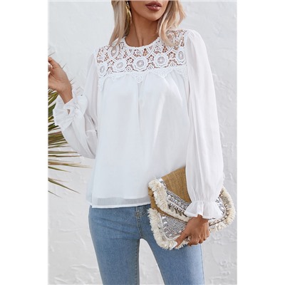 White Lace Patch Sheer Flounce Sleeve Blouse