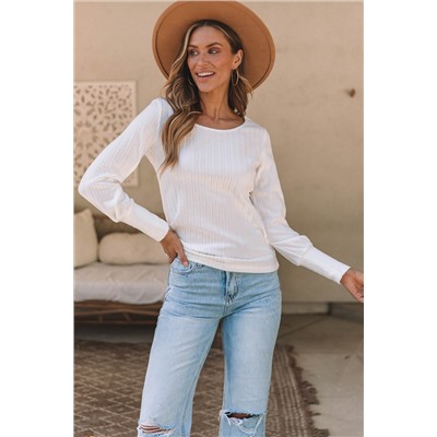 White Ribbed Bishop Sleeve Round Neck Top