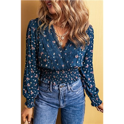 Blue Lace Trim V Neck Floral Smocked Long Sleeve Blouse