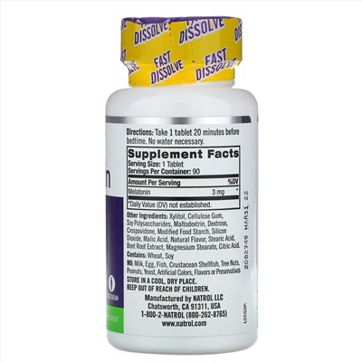 Natrol, Мелатонин, быстрорастворимые, клубника, 3 мг, 90 таблеток
