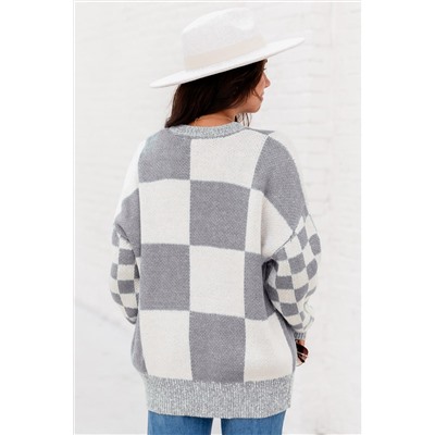 Medium Grey Checkered Print Drop Shoulder Sweater