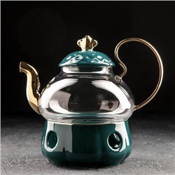 Чайник стеклянный заварочный с металлическим ситом и подставкой для подогрева «Элегия», 600 мл, цвет изумрудный/золотой