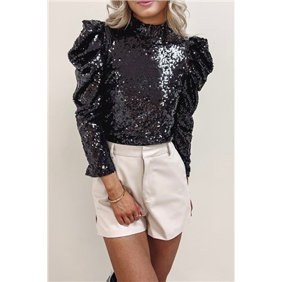 Black Sequin Mock Neck Bubble Sleeve Top