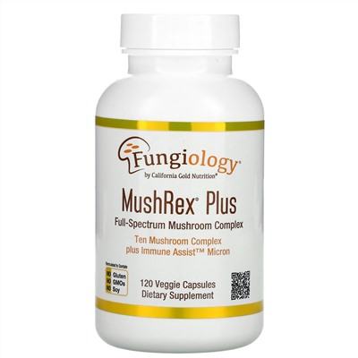 California Gold Nutrition, Fungiology, MushRex Plus, Immune Assist Micron, комплекс грибов полного спектра, сертифицированный органический продукт, 120 капсул Plantcap
