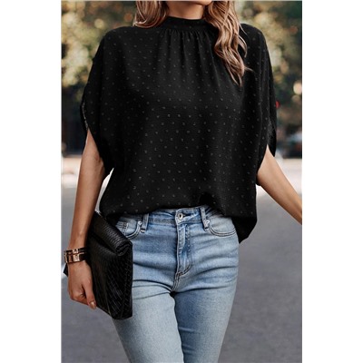 Black Swiss Dot Mock Neck Batwing Sleeve Blouse