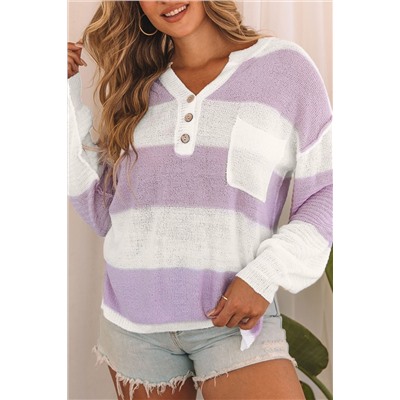 Pink Striped Knit Button Ribbed Split Neck Sweater