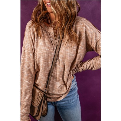 Chestnut Rib Knit Drop Shoulder Long Sleeve Henley Top