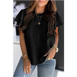 Black Textured Tiered Ruffled Short Sleeve Blouse