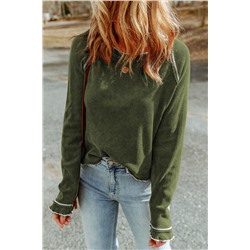 Green Textured Round Neck Long Sleeve Top