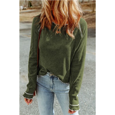 Green Textured Round Neck Long Sleeve Top